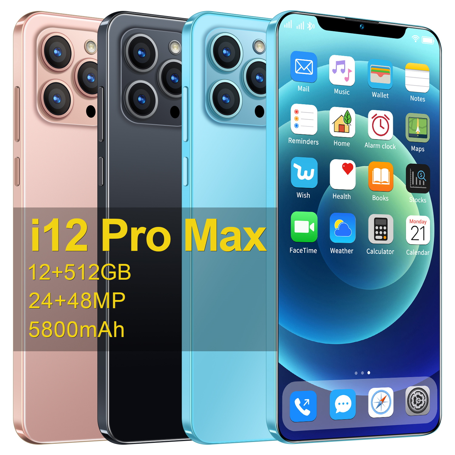 【โทรศัพท์มือถือใหม่ล่าสุด 2021 】【อัพเกรด 2021 】โทรศัพท์ i12 pro max 12G RAM + 512G ROM โทรศัพท์มือถือราคาถูก 5800mAh โทรศัพท์มือถือราคาถูกแบบเต็มจอ 6.7 นิ้วดูเหมือน iPhone 12 pro max