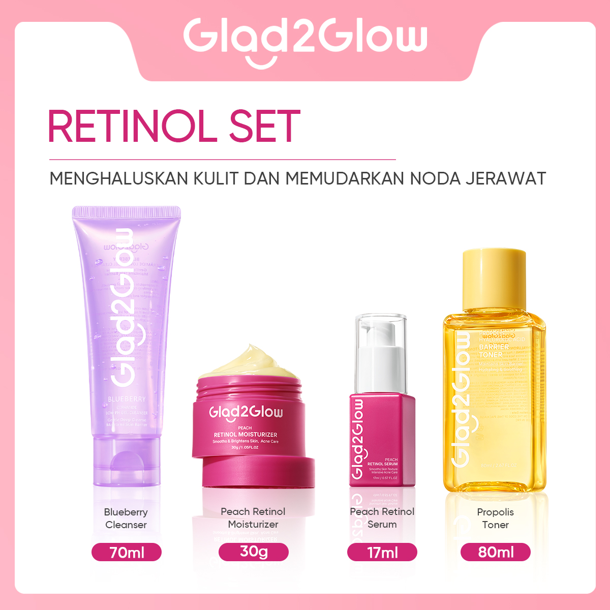 Glad2Glow Paket 4pcs Set Skincare Bundle Face Wash + Toner + Serum + Moisturizer Acne Set Glowing...