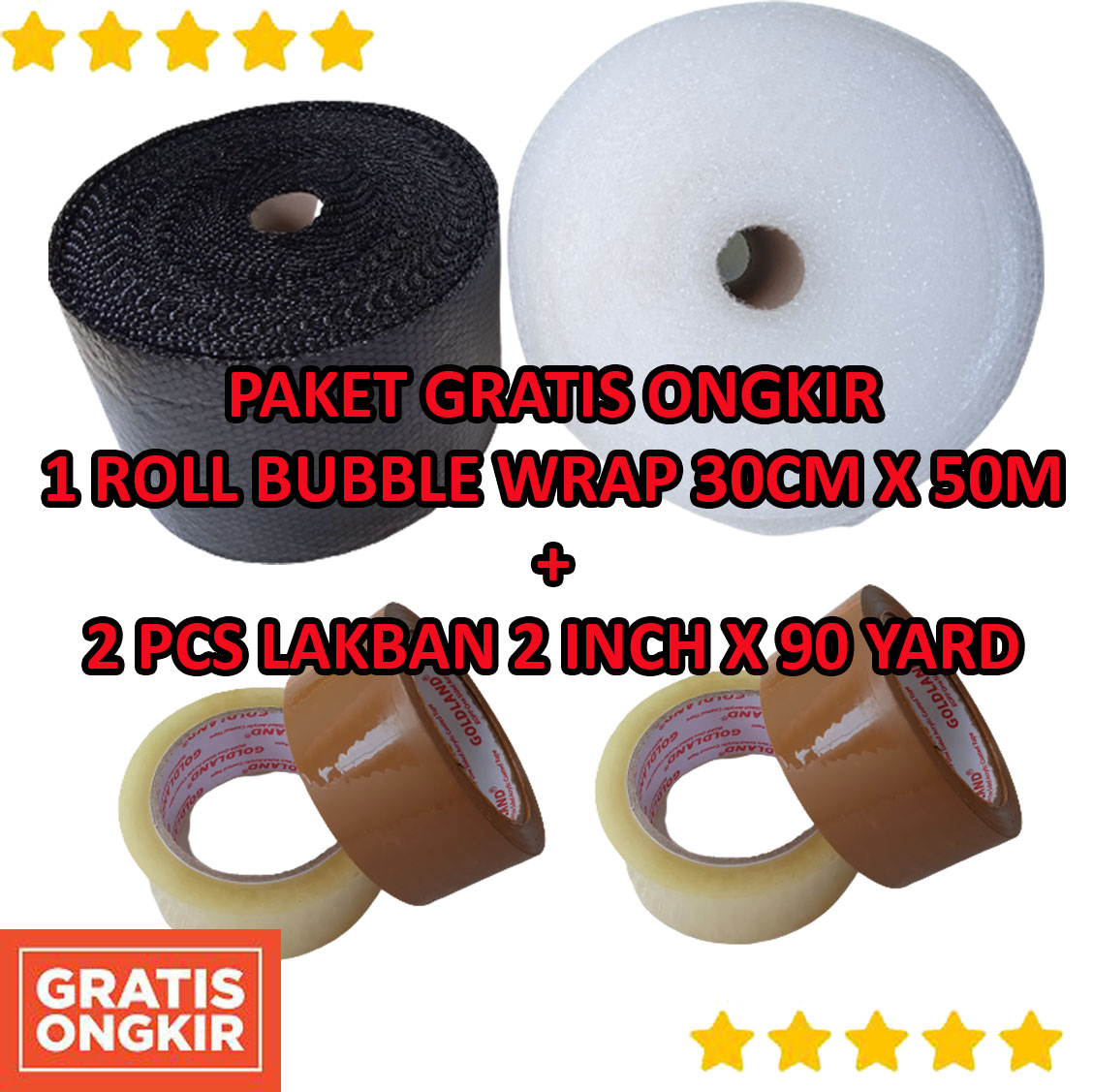 1 Roll Bubble Wrap 50M x 30cm + 2 Lakban 48mm x 90 Yard ( Paket Packing Murah Meriah) Bubble Wrap murah