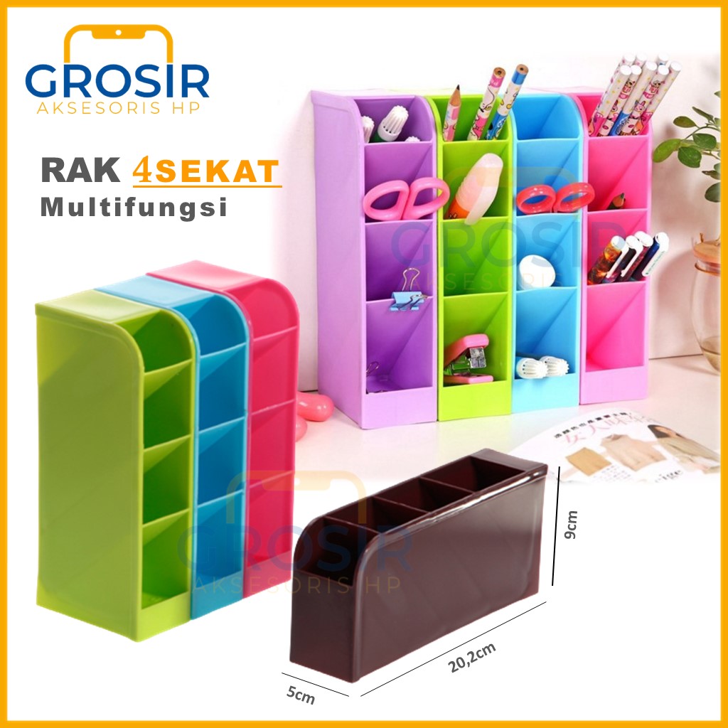 Rak mini 4 sekat kotak organizer serbaguna tempat penyimpanan barang ATK pena pensil pulpen gunting wadah tempat tulis meja kerja peralatan belajar
