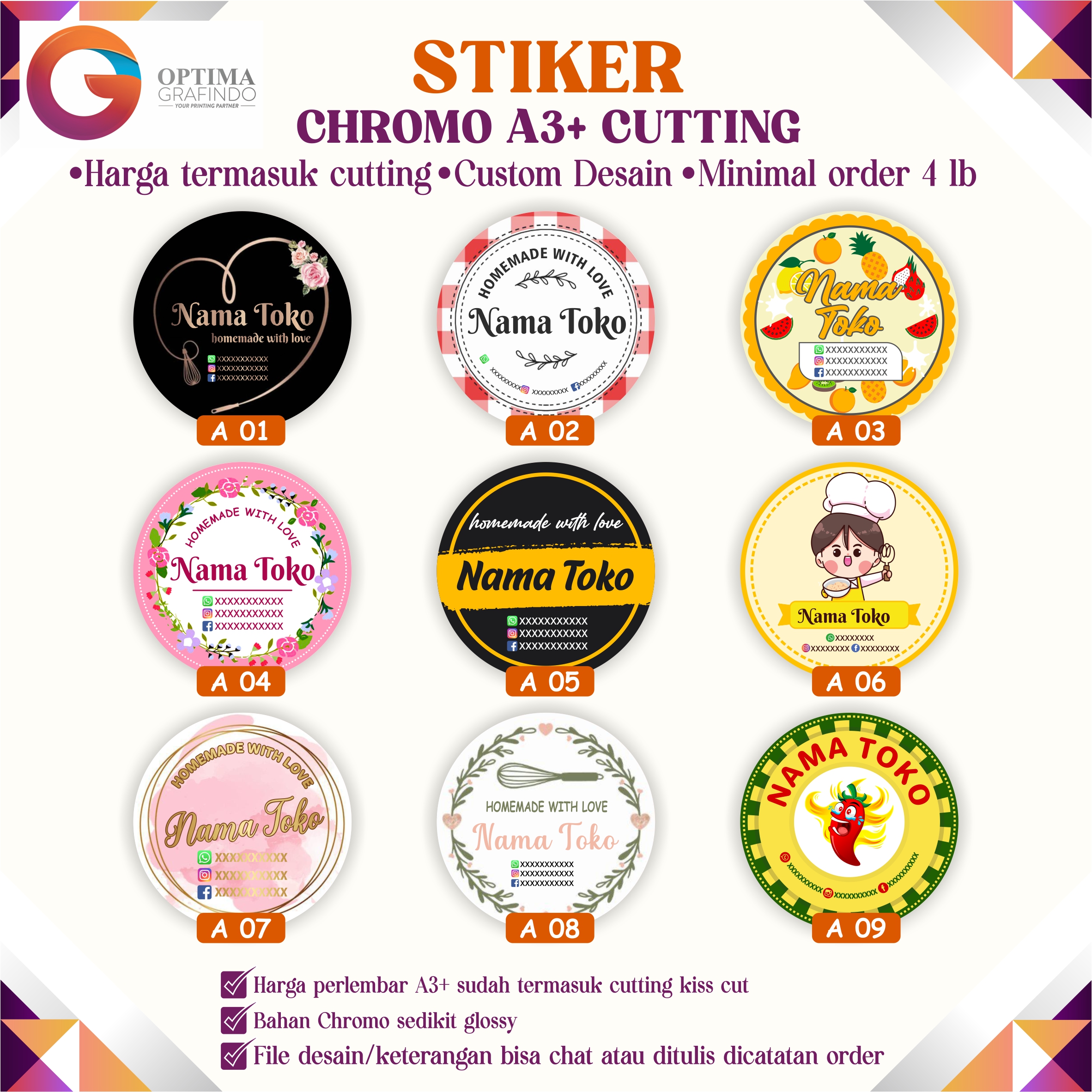 Cetak Stiker Cutting A3+. Stiker Makanan Label Produk FREE DESIGN / TEMPLATE Custom Desain
