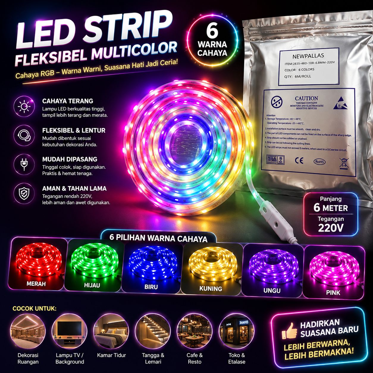 Lampu LED STRIP SELANG 6 meneter 2835 /220V OUTDOOR RGB/LED strip warna-warni MERAH PUTIH