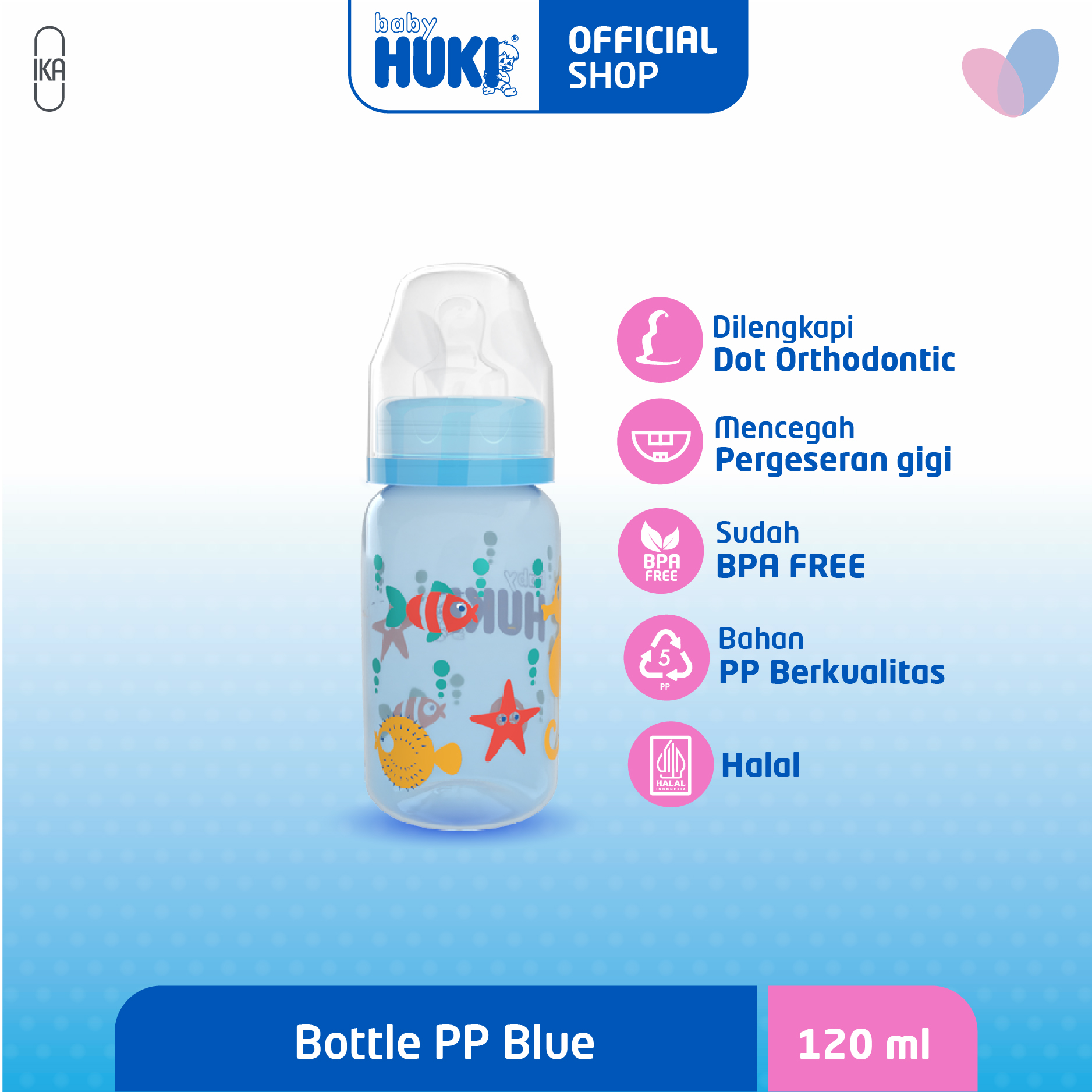 BABY HUKI Botol Berwarna PP Round Shrink Pack - Warna Biru - Ukuran 120 ml