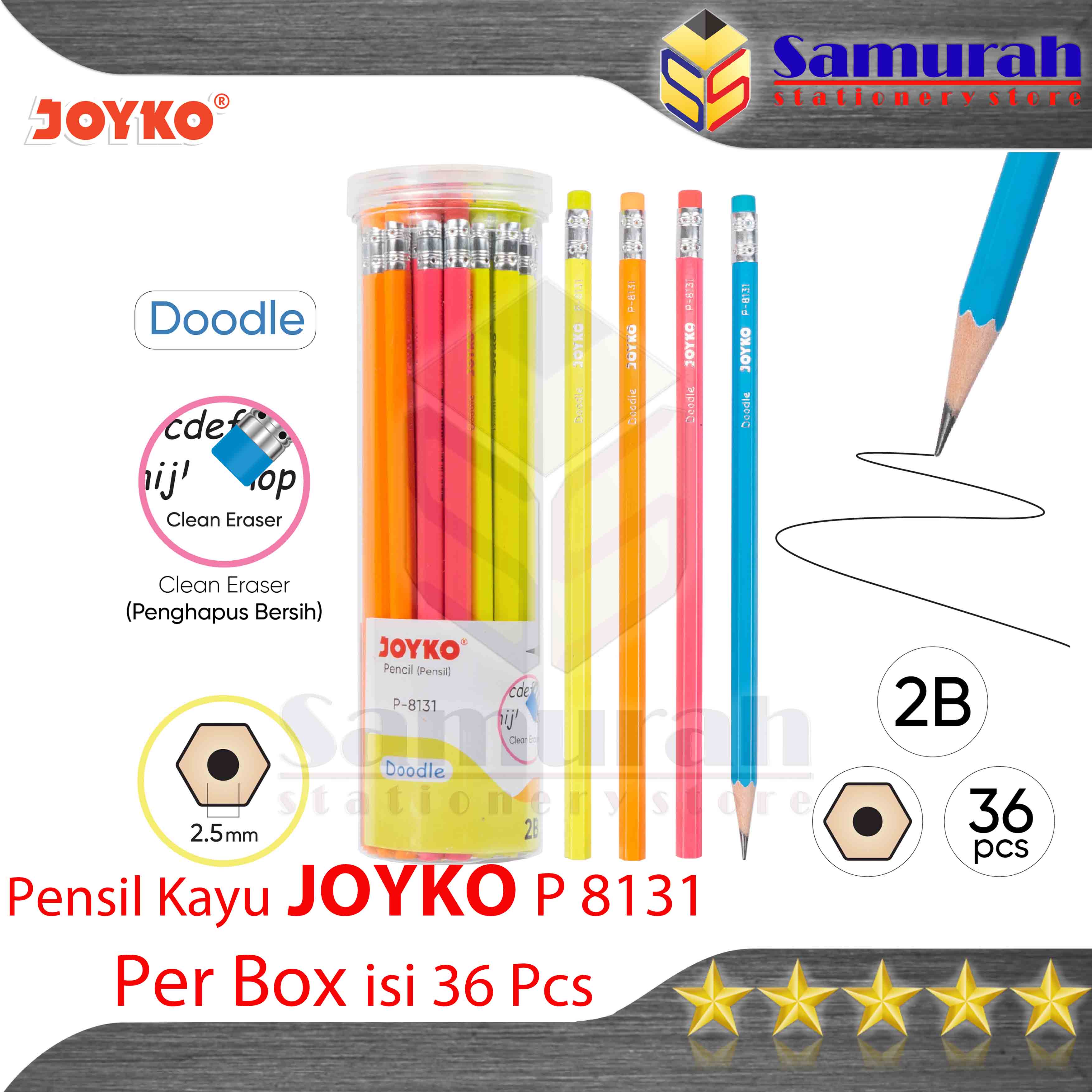 Pensil Kayu Joyko 2B P8131 isi 36 pcs per Box / Trifelo TF 789 / TF 1301 (Pastel) 2B - Box isi 36 batang / Wood Pencil Metalik Toples