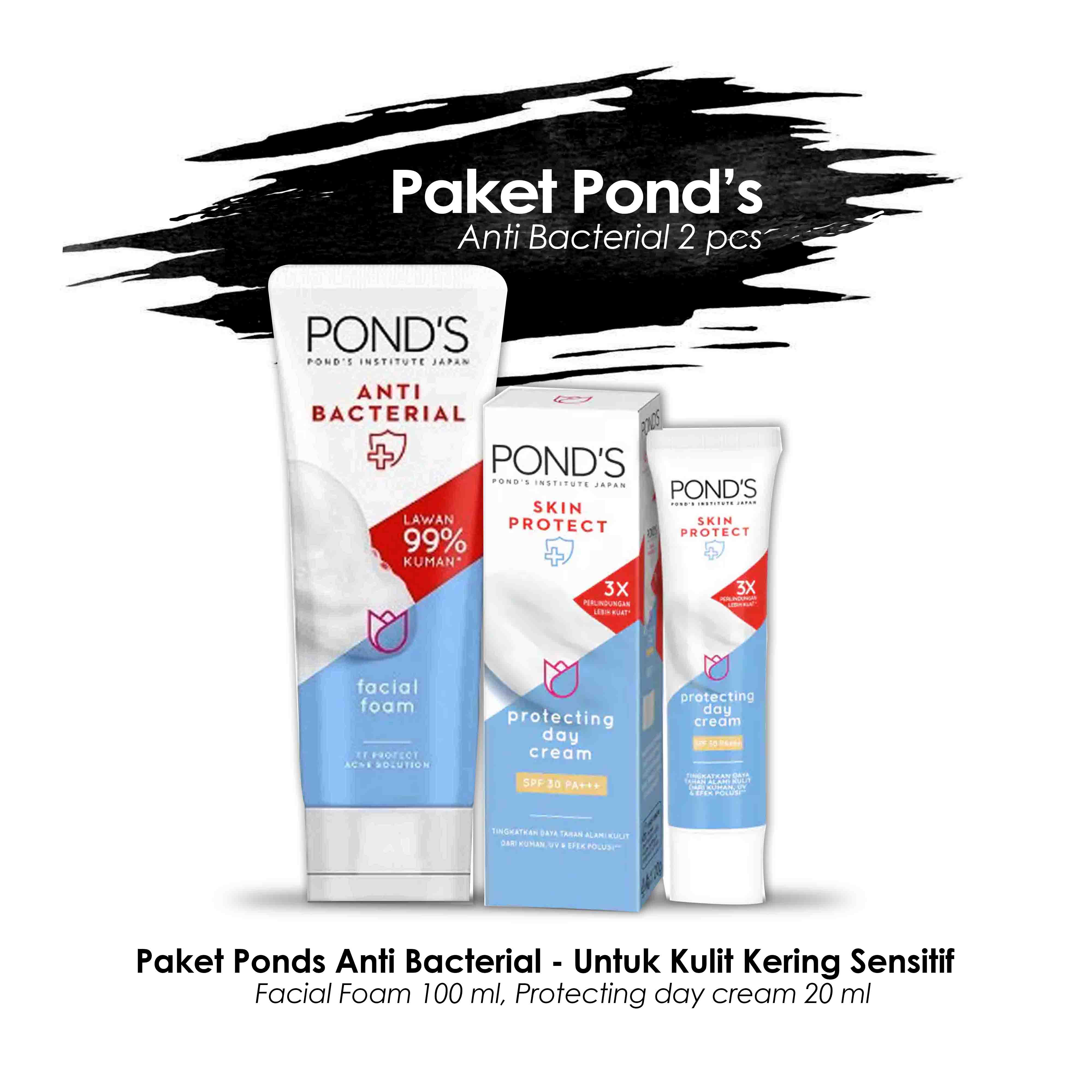 Paket Ponds Anti Bacterial - 2 pcs Untuk Kulit Kering Sensitif (Day Cream Anti Bacterial 20 gr, Face Wash 100 ml)