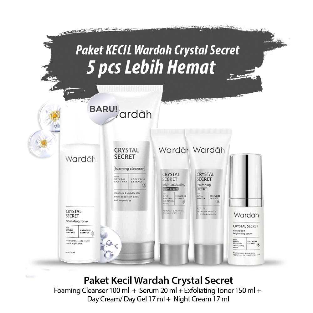 Paket Wardah Crystal Secret 5 pcs ( Cleanser 100 ml + Serum 20 ml + Day Cream 15 ml + Night Cream 15 ml + Exfoliating Toner 125 ml) Kemasan Baru White Secret