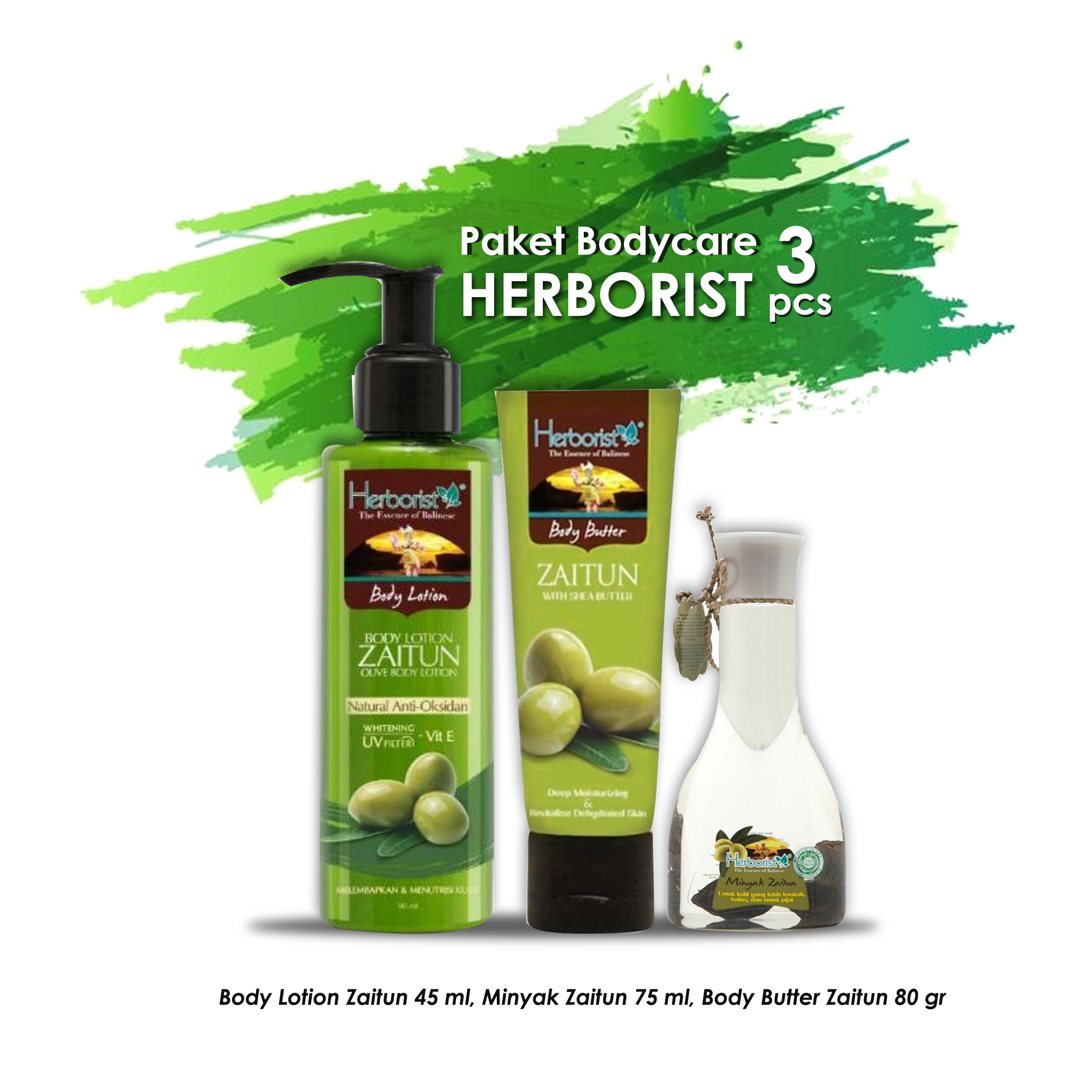 Paket Hemat Bodycare Herborist Series Zaitun 3 pcs (Body Lotion Zaitun 45 ml, Minyak Zaitun 75 ml, Body Butter Zaitun 80 gr)