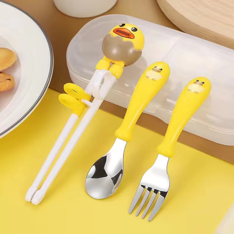 3 in 1 Set alat makan kartun anak Sumpit Pelatihan Bayi Stainless Steel + Sendok + Garpu Set / Peralatan Makan Pelengkap Anak432