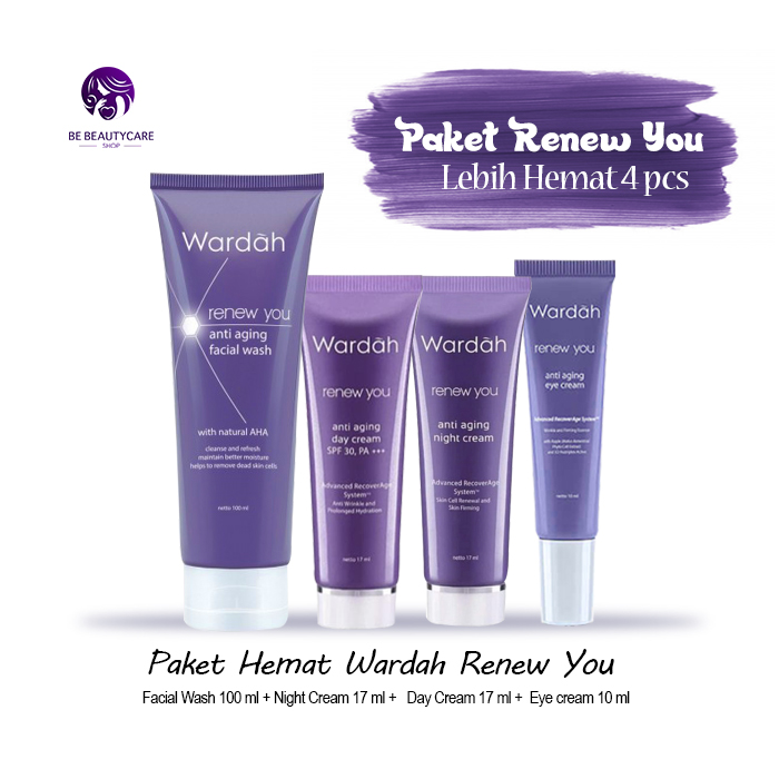 Paket Hemat Wardah Renew You Anti Aging 4 pcs (Eye Cream 10 ml, Night Cream 17 ml, Day Cream 17 ml, Facial Wash 100 ml ) Paket Perawatan Wajah Berjerawat Wardah