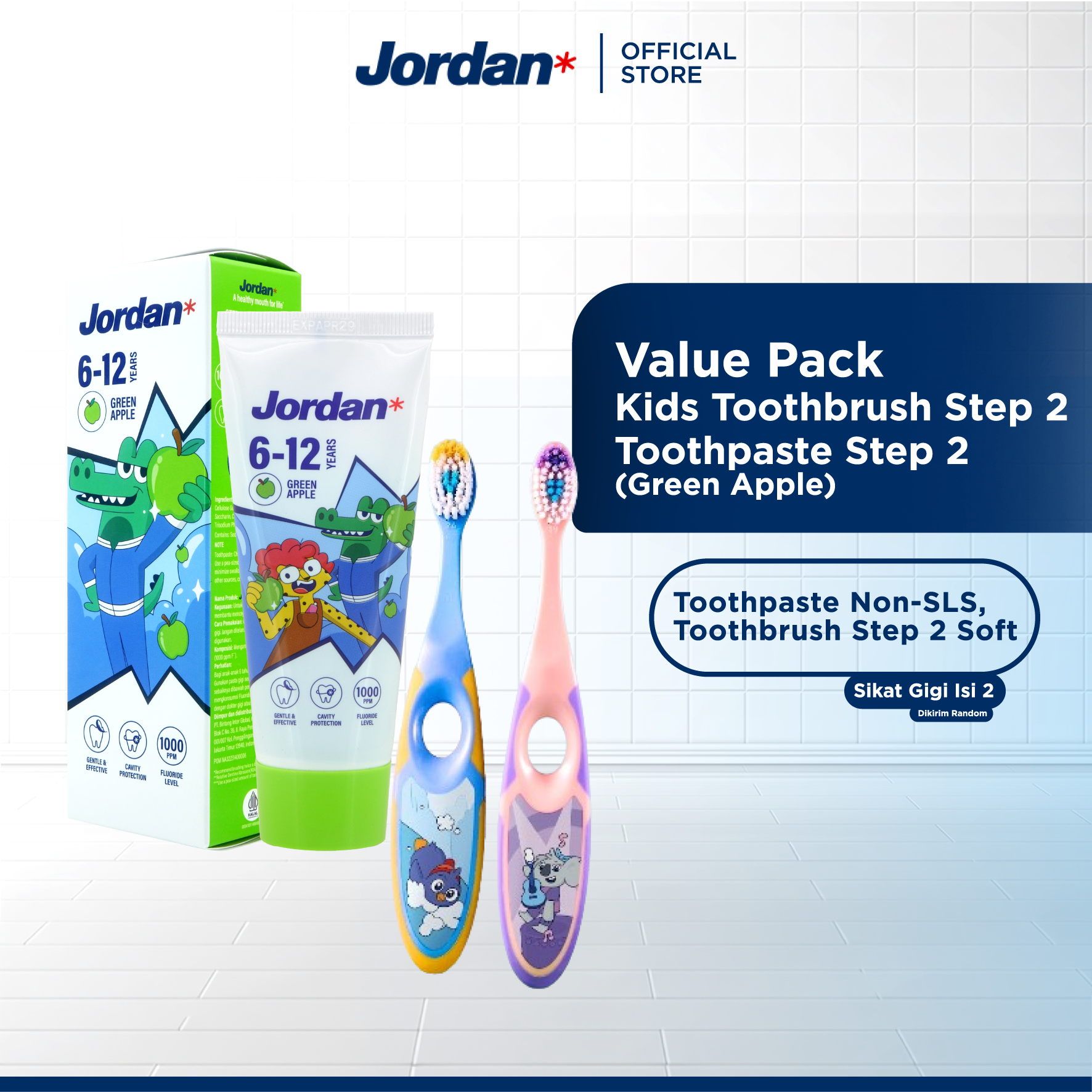 Jordan Oral Care - Step 2 Value Pack Apple (Sikat Gigi Anak Step 2 & Odol Anak Step 2 Green Apple) - Sikat Gigi dan Pasta Gigi Anak