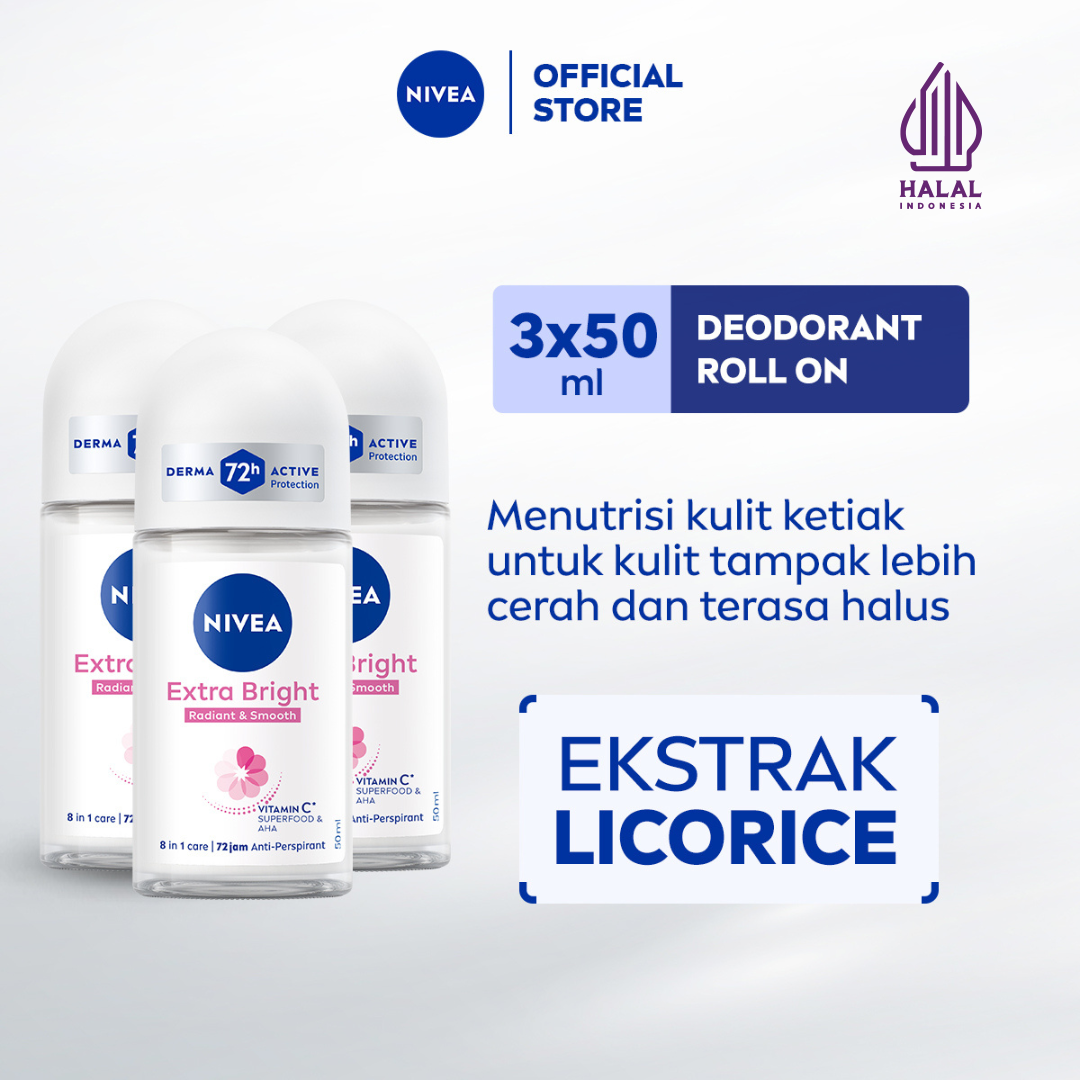 (PAKET HEMAT ISI 3) NIVEA Deodorant Roll On Extra Bright Radiant & Smooth 50ml - Deodoran wanita ...