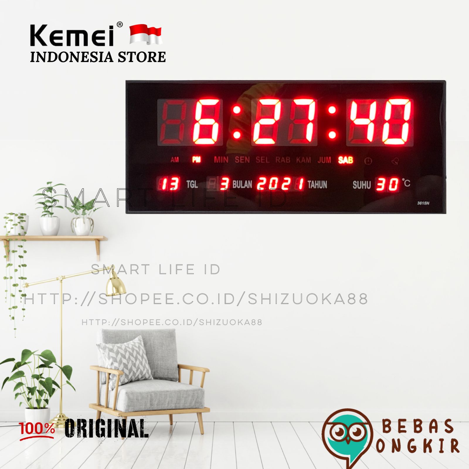 Jam Dinding LED Digital Alarm Clock Jam Meja Dekorasi Hiasan Dinding Rumah XY 3615 Merah