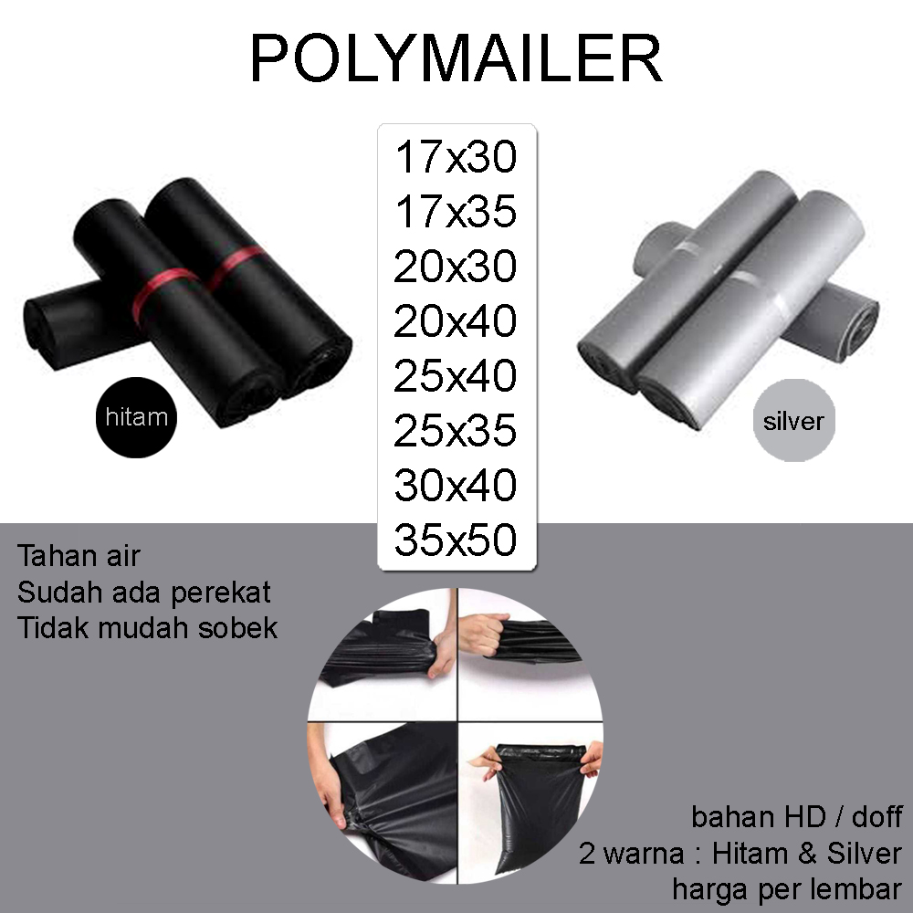 TAO Plastik Packing Polymailer Olshop HD Hitam Silver dengan perekat per pack 17x30-17x35-20x30-25x35-25x40-30x40-35x50