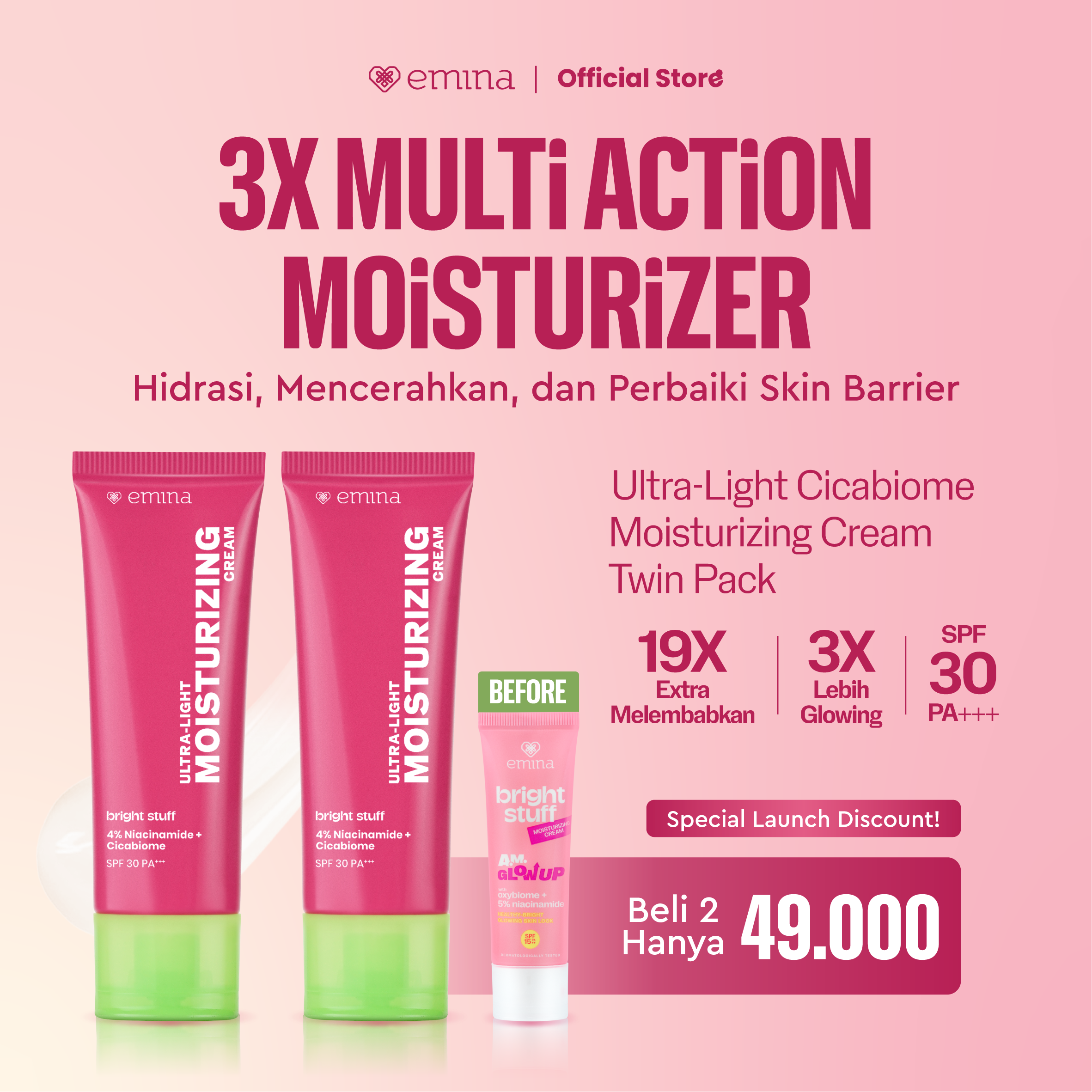 NEW! [Twin Pack] Emina Bright Stuff Ultra-Light Moisturizing Cream 20 ml - Pelembab Wajah Mencera...