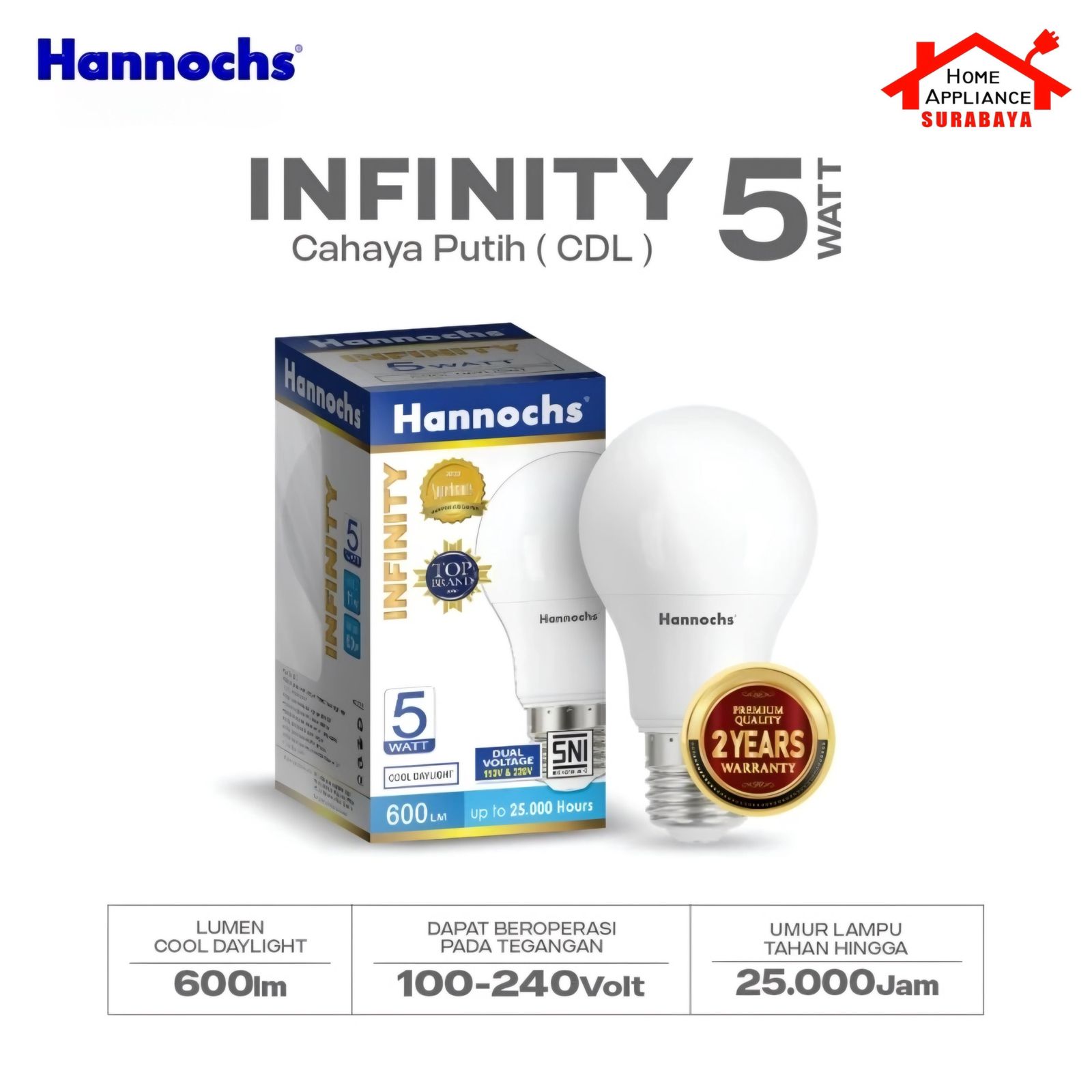 HANNOCHS Lampu Bohlam LED Bulb INFINITY 5W Cahaya Putih 6500K / Kuning 3000K