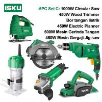 ISKU Paket Power Tools Set Komplit-Mesin Bor Listrik 700W/Gerinda Tangan 500W/Mesin Serut Kayu Planer 450W/1000W Circular Saw Gergaji Potong Triplek Jigsaw/Blower Debu Trimmer Profil Woodworking Alat Pertukangan Tukang Kayu