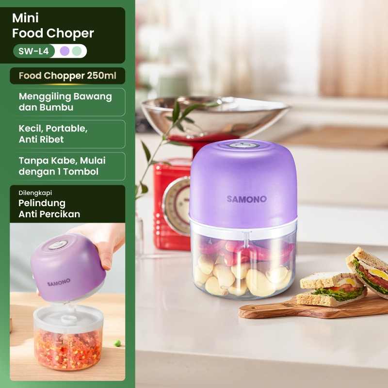 SAMONO Mini Chopper Electric SW-L4 250ML Penggiling Bumbu Dapur Portable Cordless Tanpa Kabel Cas USB 30W Hemat Listrik Material Food Grade Aman Anti Bau Blender Kecil Multifungsi Original Garansi Resmi Samono Indonesia Awet