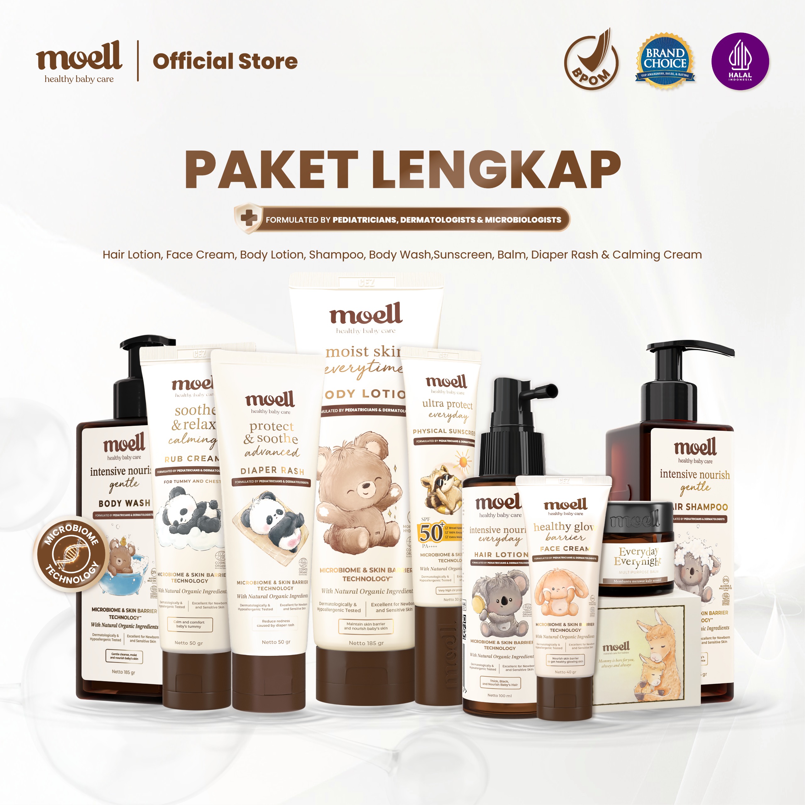 Moell - Complete Package Hair Lotion 100ml & Multipurpose Balm 30gr & Physical Sunscreen 30gr & Body Lotion 185gr & Body Wash 185gr & Shampoo 185gr & Calming Rub Cream 50gr & Face Cream 40gr - Skincare Bayi & Anak - Diformulasikan Oleh Dokter Kulit & Anak