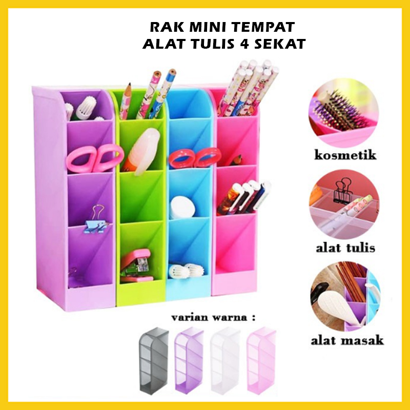 Rak Mini 4 Sekat / Tempat Penyimpanan ATK Pena Pensil Pulpen Gunting Sendok / Kotak Organizer