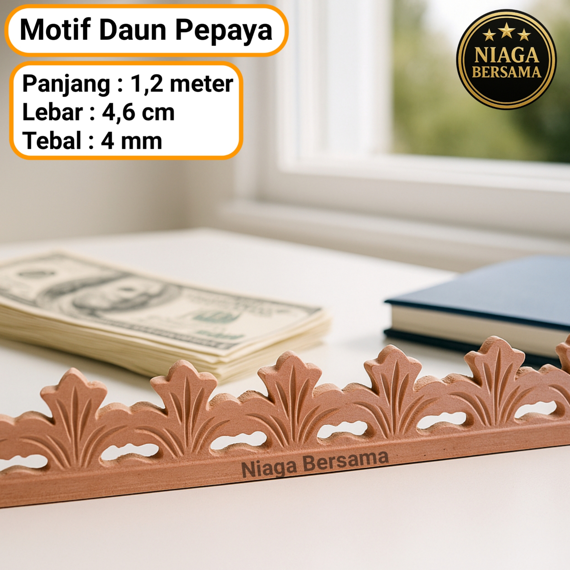 Ornamen Lis Kayu Ukir 120 cm Dekorasi Tempel Aneka Motif Ukiran