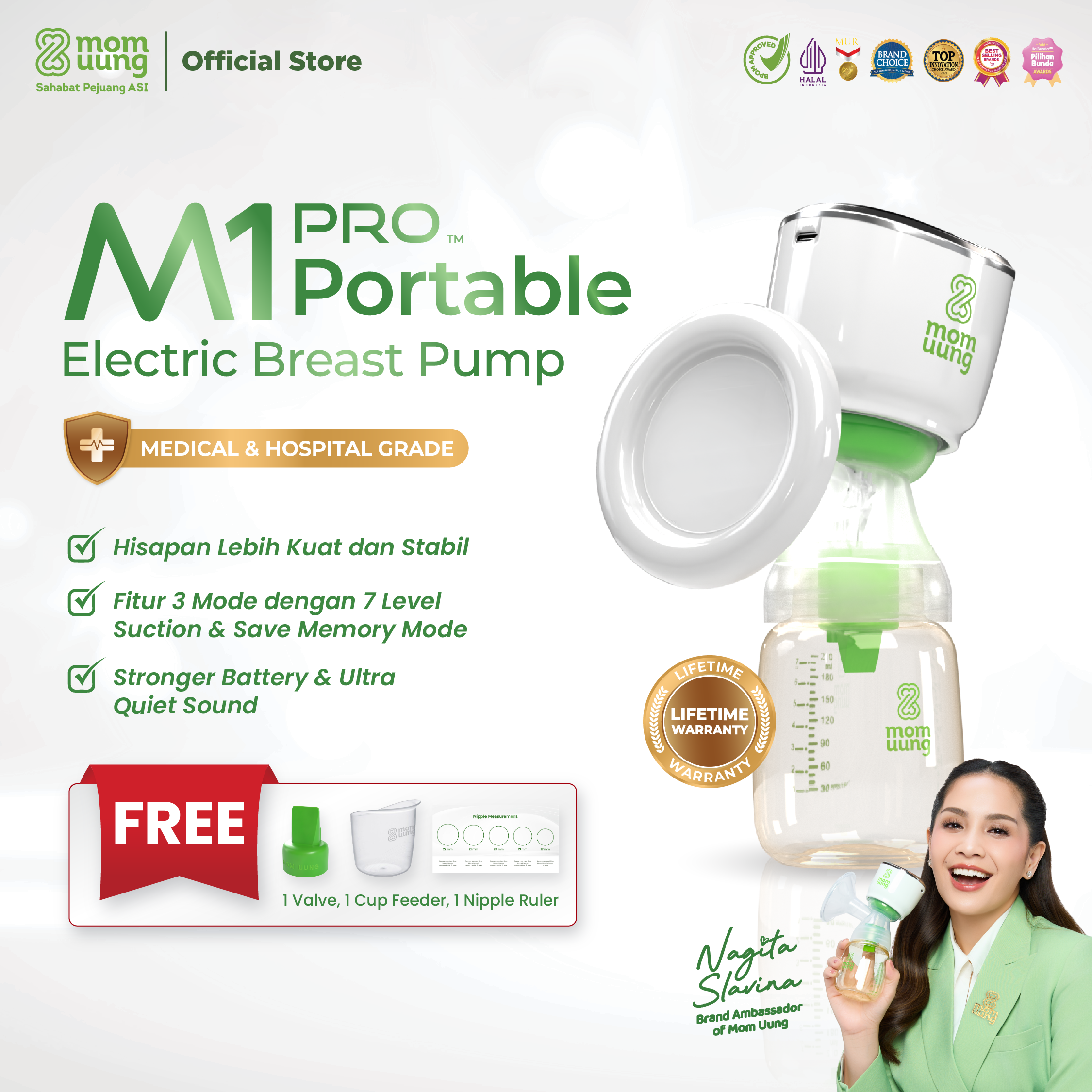 Mom Uung M1 Pro Portable Electric Breast pump – Hisap Lebih Kuat & Stabil - Medical & Hospital Grade – Pengosongan Maksimal ASI Lebih Deras – Garansi Seumur Hidup