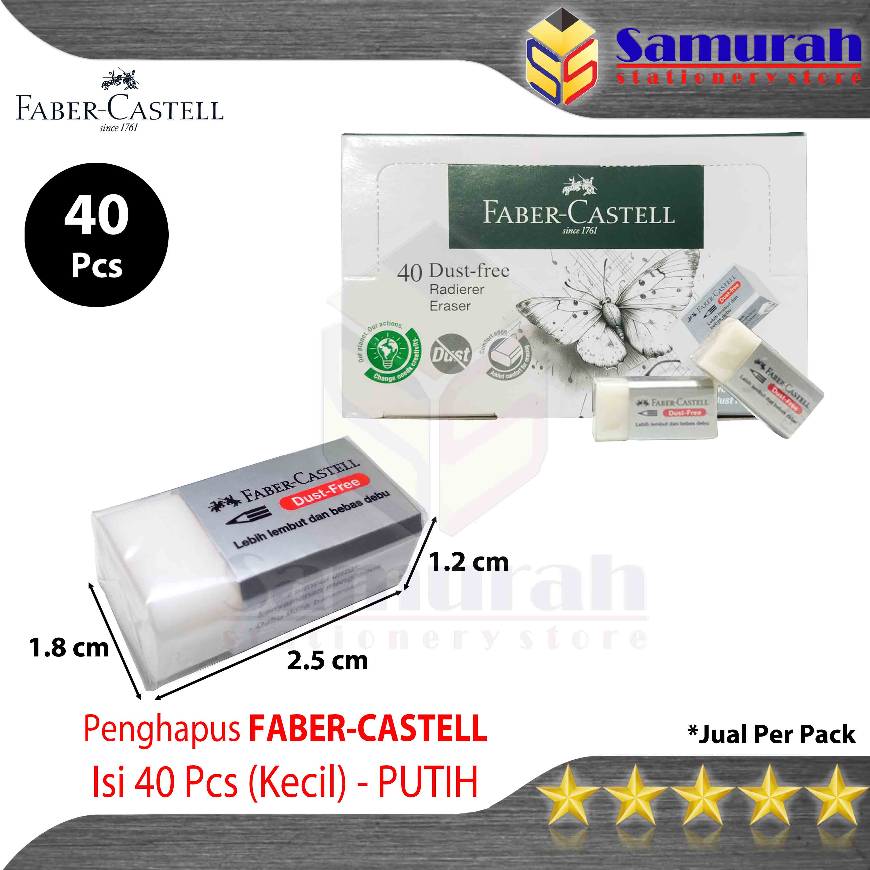 Penghapus Pensil Faber-Castell Putih Kecil 1 Box isi 40 pcs / White Stip Eraser Dust Free / Hapusan Faber - Castell Warna Putih Pendek