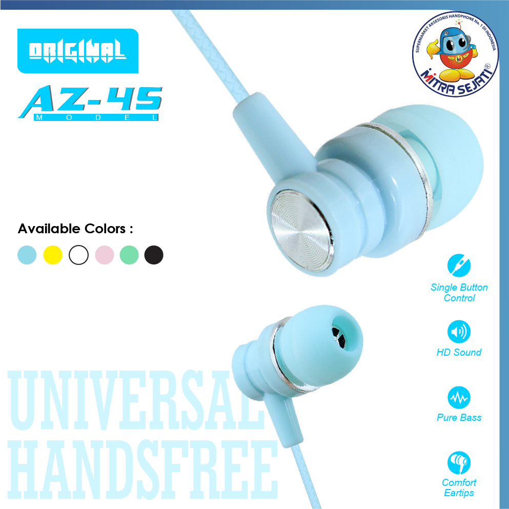 Handsfree Stereo Bass AZ-45 Jack 3.5mm Earphone Headphone Headset-AHFUNIAZ45SB