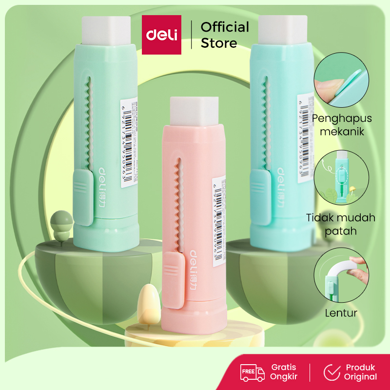 Deli Sliding Eraser / Penghapus Mekanik / Hapusan Mekanik Warna Lucu Tidak Meninggalkan Serpihan Bahan TPR+ABS 71145