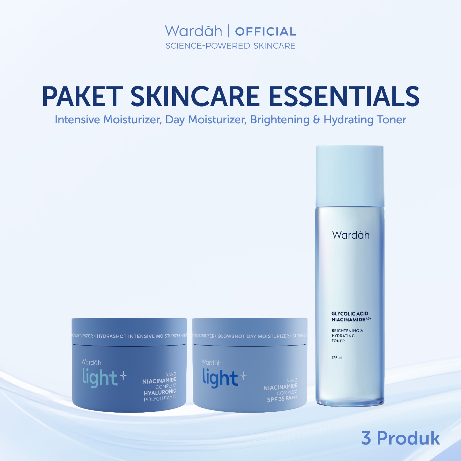 Wardah Lightening Paket Skincare Essentials (Day + Night + Face Toner) - Light+ Glowshot Day Inte...