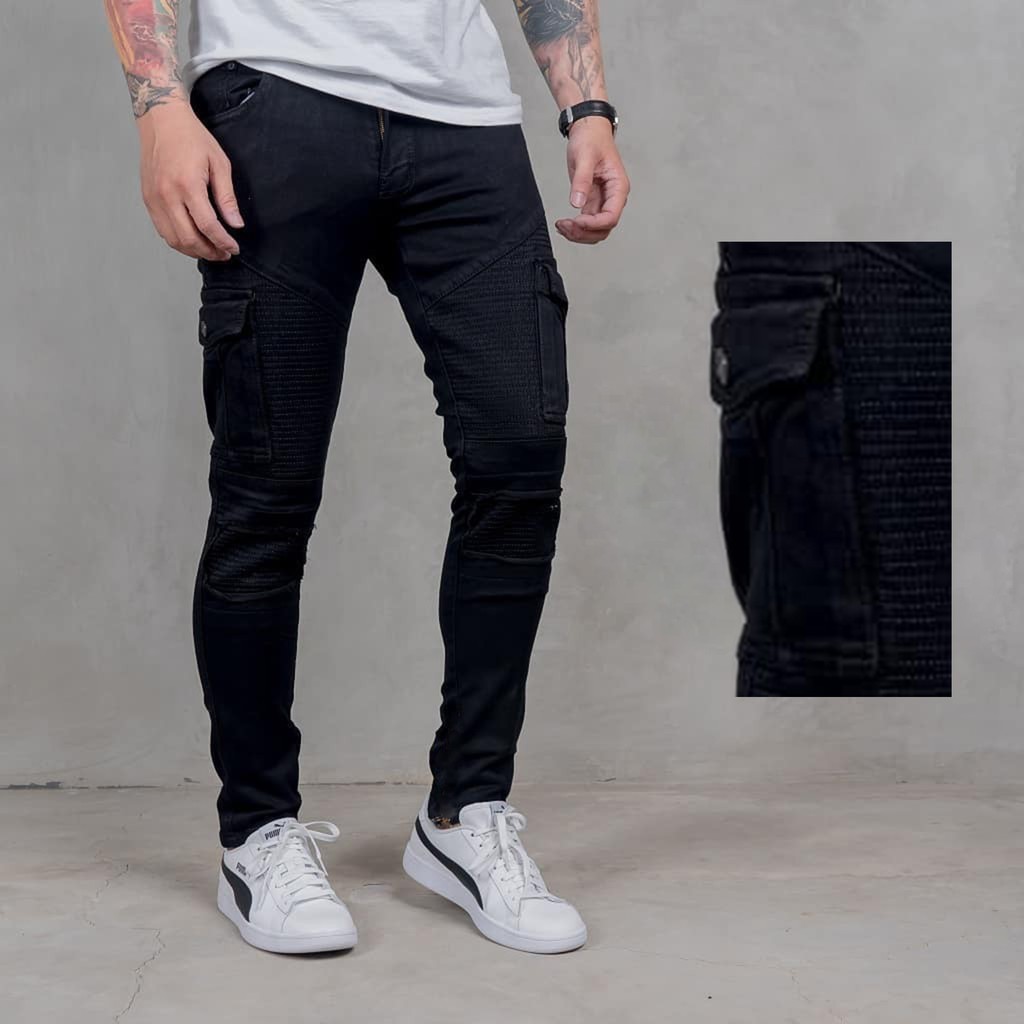 Celana Jeans Biker Cargo - Celana Jeans Touring - Solid Black