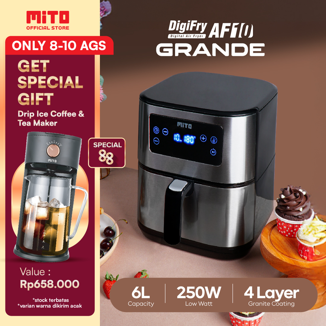 MITO Grande Air Fryer DigiFry AF10 Touch Screen Low Watt Mesin Penggoreng Tanpa Minyak 6L - Silve...