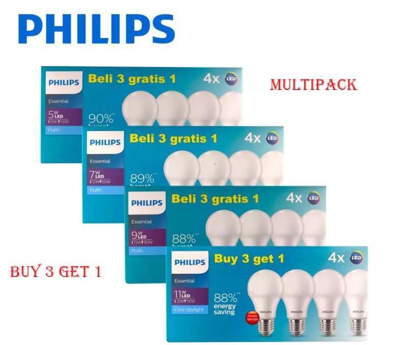 ESSENTIAL Bohlam Philips Paket Beli 3 Gratis 1 Lampu Philips LED Bulb 5W 7W 9W 11W ESSENTIAL PHILIPS LED