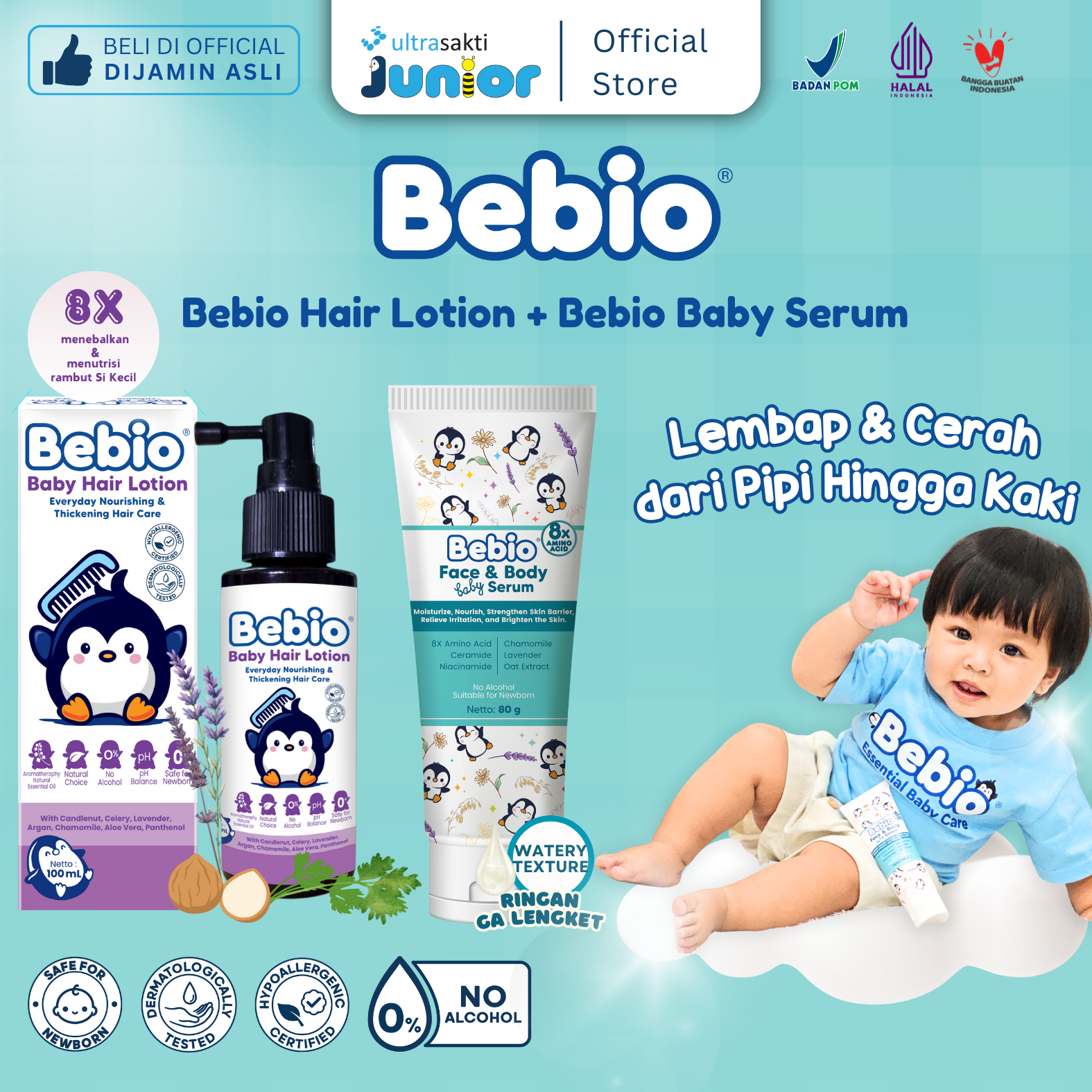 Bebio Face & Body Baby Serum 80g – Pelembab kulit Wajah dan badan Bayi & Anak dengan 8x Amino Acid- Tidak Lengket dan Aman untuk Bayi Sensitif-Mencerahkan dan Meredakan Iritasi