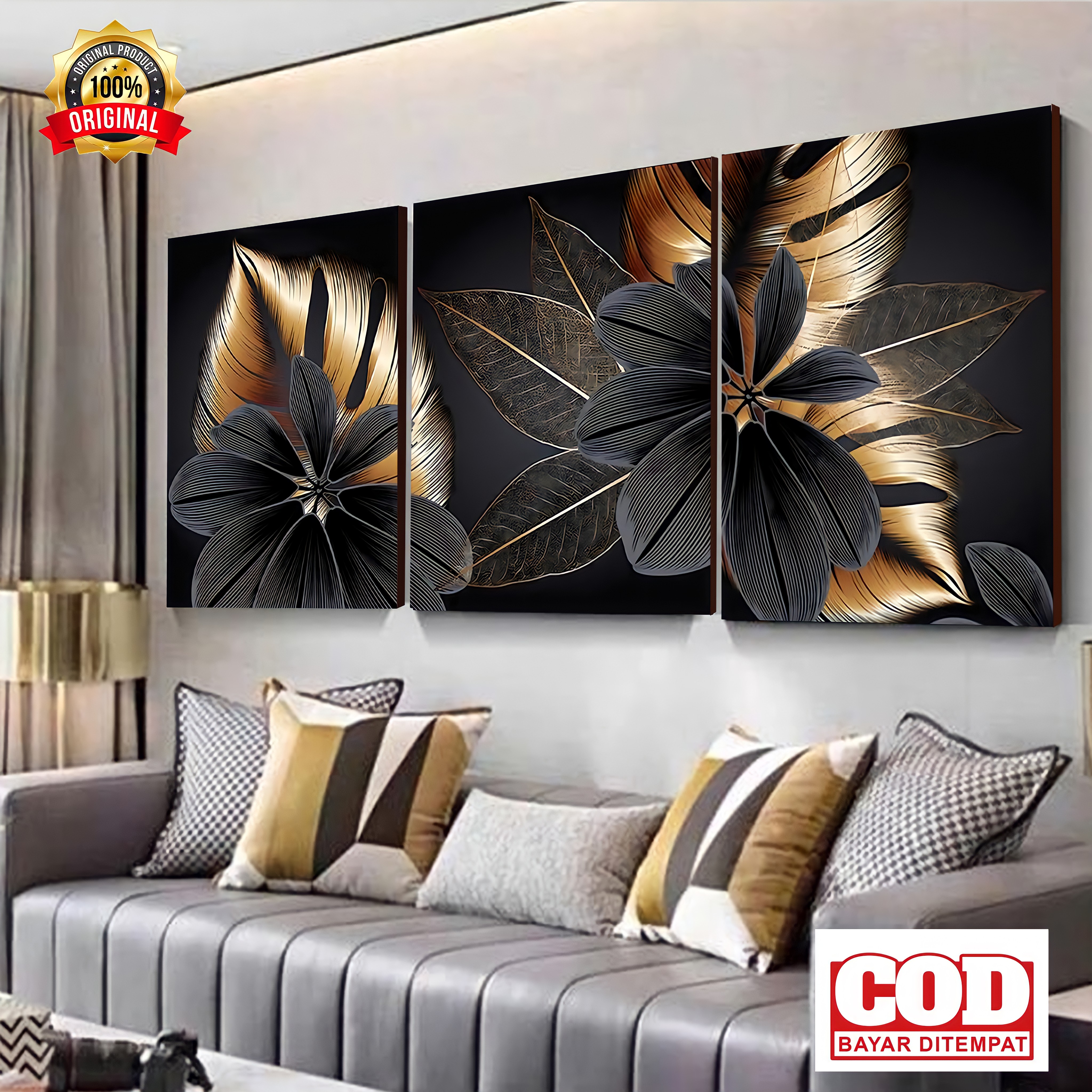 Wall Decor 3 Panel Motif Bunga Elegan Hitam Emas – Hiasan Dinding Estetik untuk Ruang Tamu