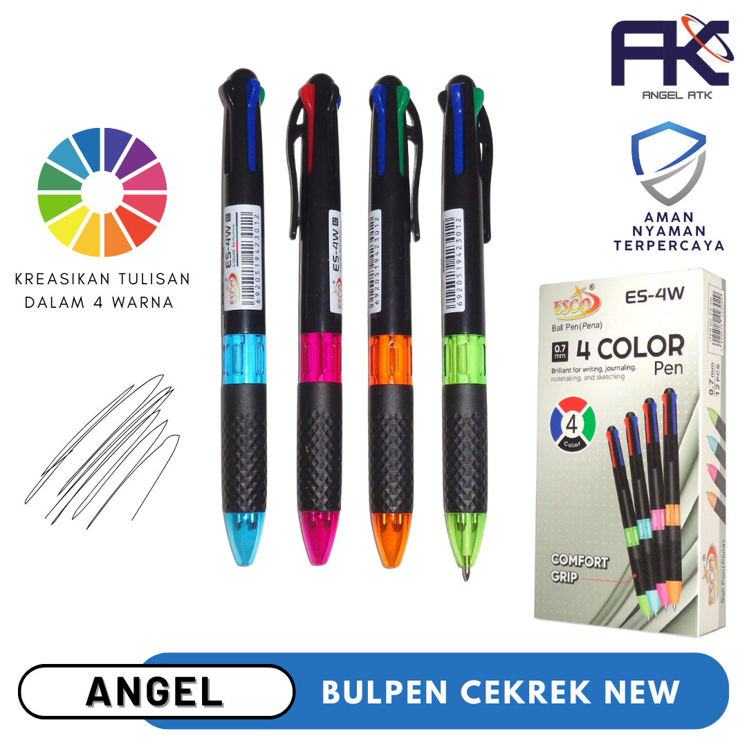 ( Pulpen Esco ES-W4 ) Pena Varian 4 Warna ( 12 Pcs ) / Squeezy Smooth 0.7 mm / Angel Atk