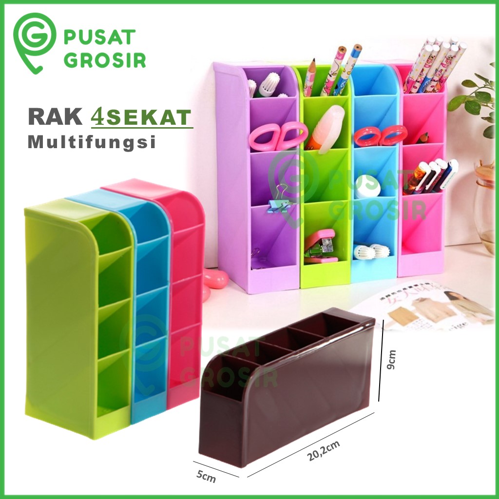 Rak mini 4 sekat kotak organizer serbaguna tempat penyimpanan barang ATK pena pensil pulpen gunting wadah tempat tulis meja kerja peralatan belajar
