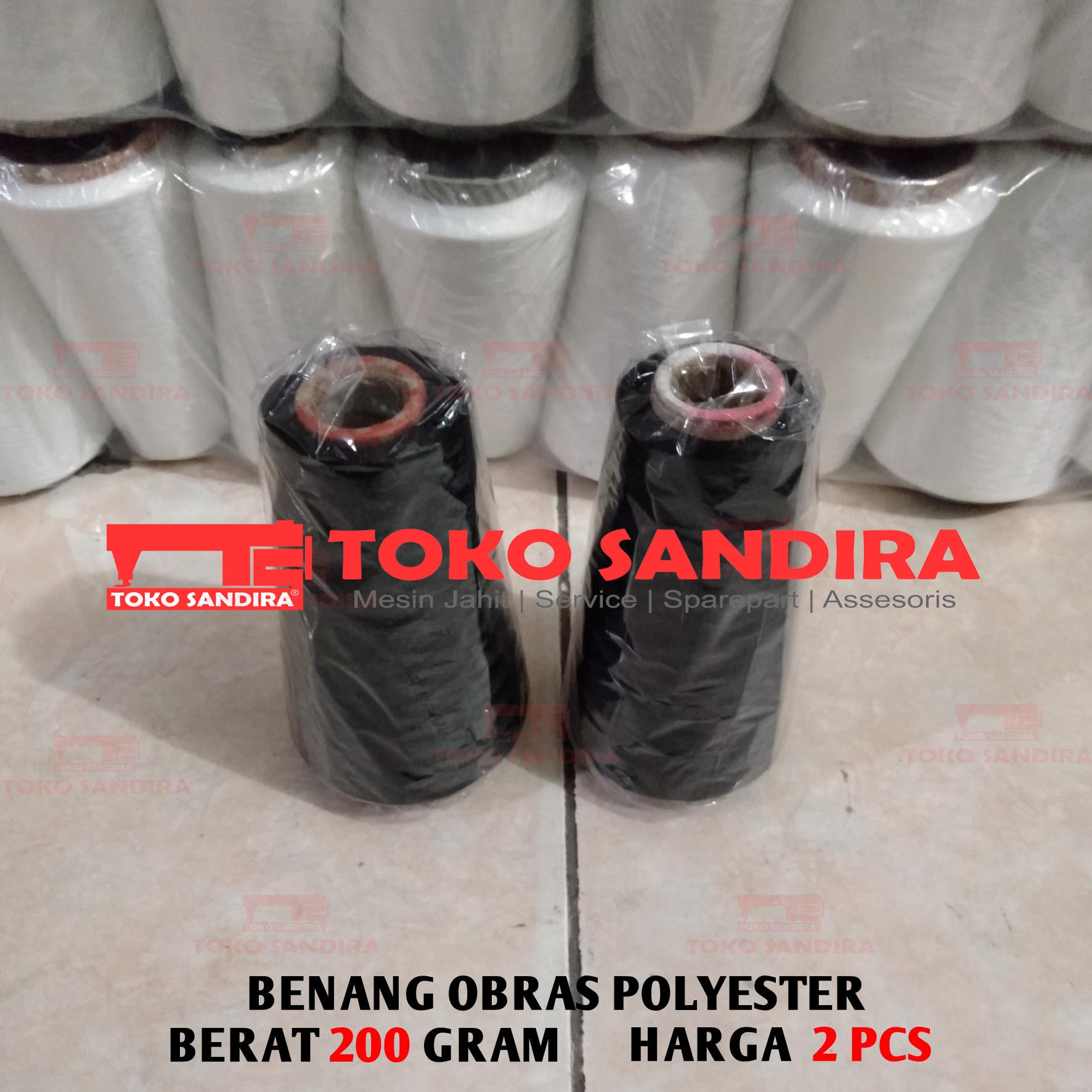 2 PCS Benang Obras Polyester 200 gram -+ Warna HITAM/Benang obras murah/benang polyester
