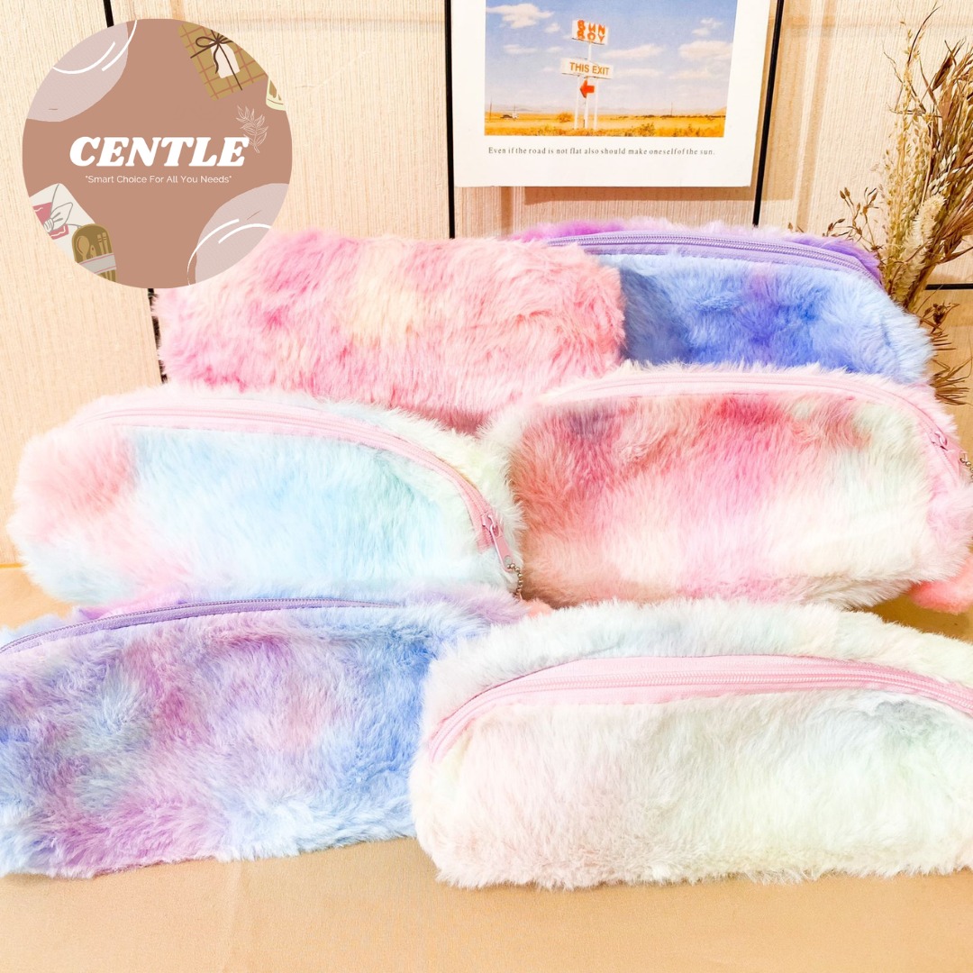Pouch makeup Kotak pensil bulu unicorn tanpa logo warma ungu pink pastel lolipop pinky pink yellow rainbow tempat alat tulis makeup lucu kado unik pom pom