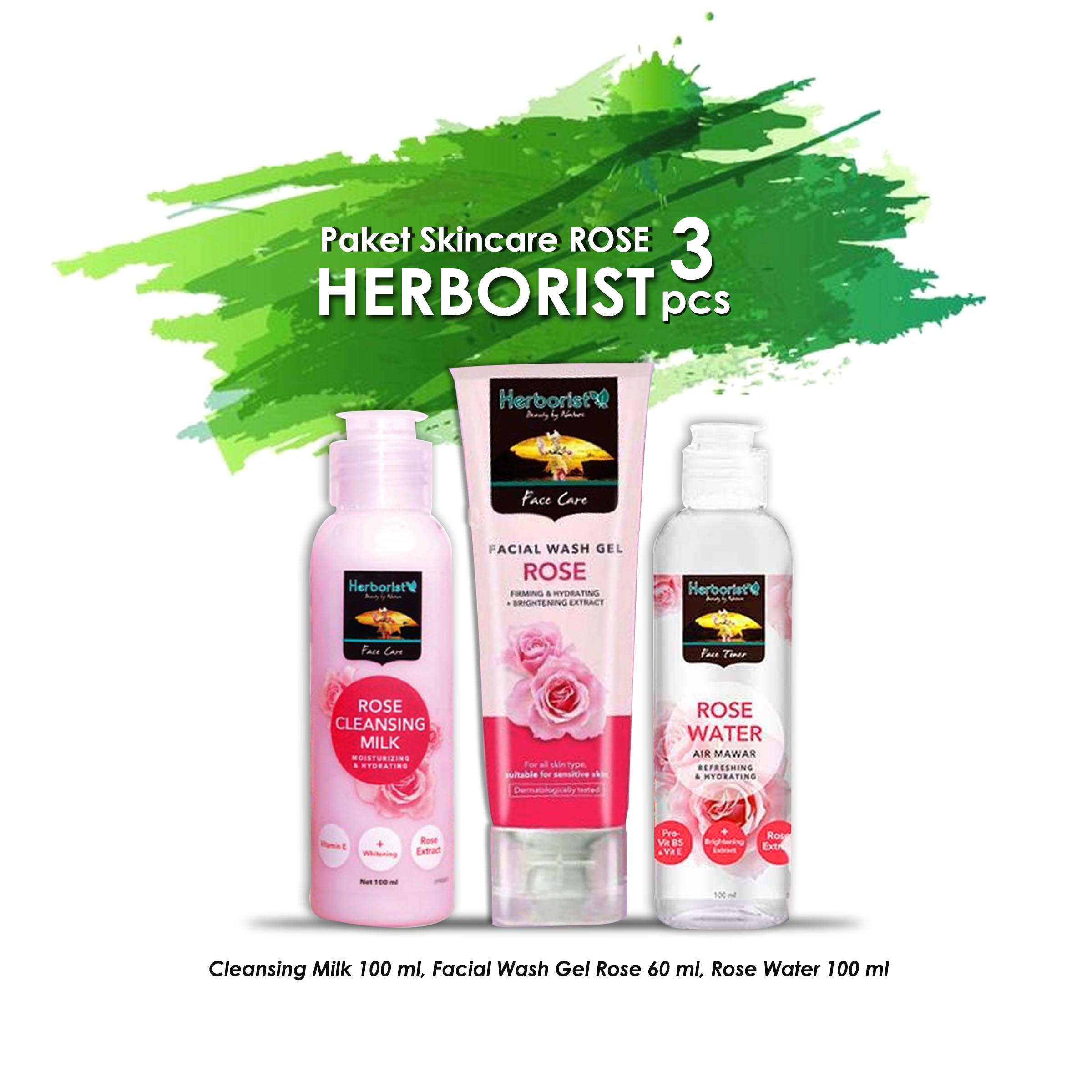 Paket Skincare Herborist Mawar 3 pcs (Facial Wash 60 ml, Cleansing Milk 100 ml, Rose Water 100 ml)