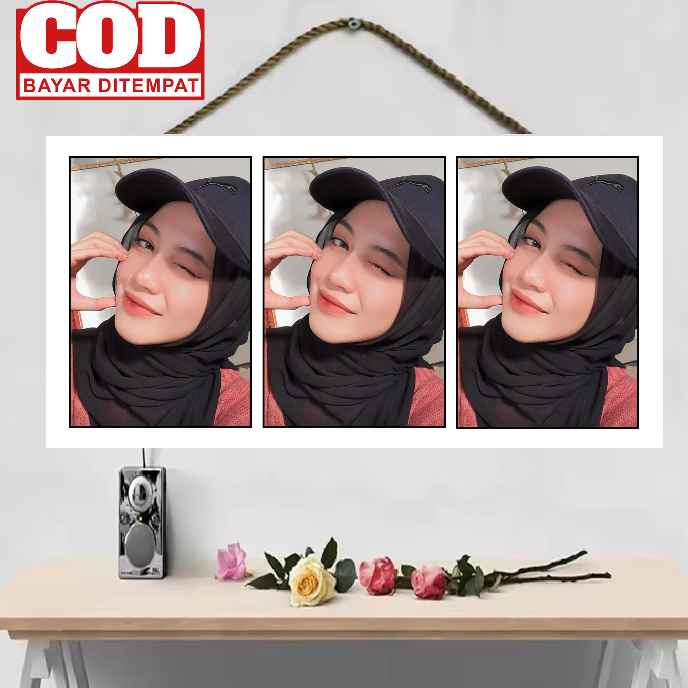cetak foto susun kolase /grid ukuran 15x30cm + bingkai kayu mdf . 3 foto dalam 1 bingkai