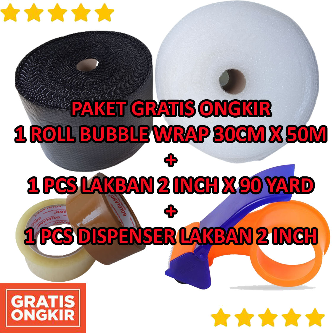 1 ROLL BUBBLE WRAP 50M X 30CM + 1 LAKBAN 48MM X 90 YARD + DISPENSER LAKBAN BESAR 2 INCH