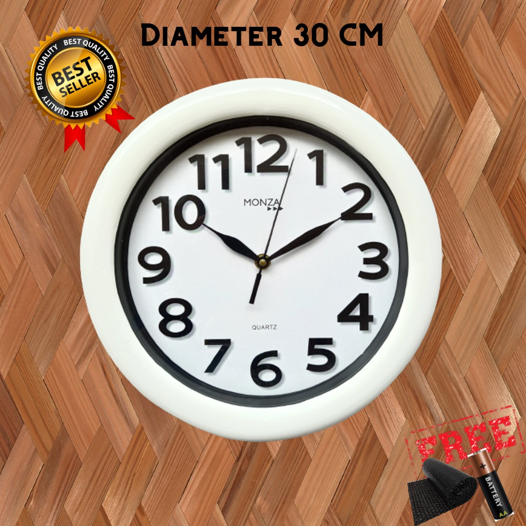 Jam Dinding Besar 30cm Murah Kantor Kamar Ruang Tamu Bulat Hitam Putih Polos Minimalis Monza 999