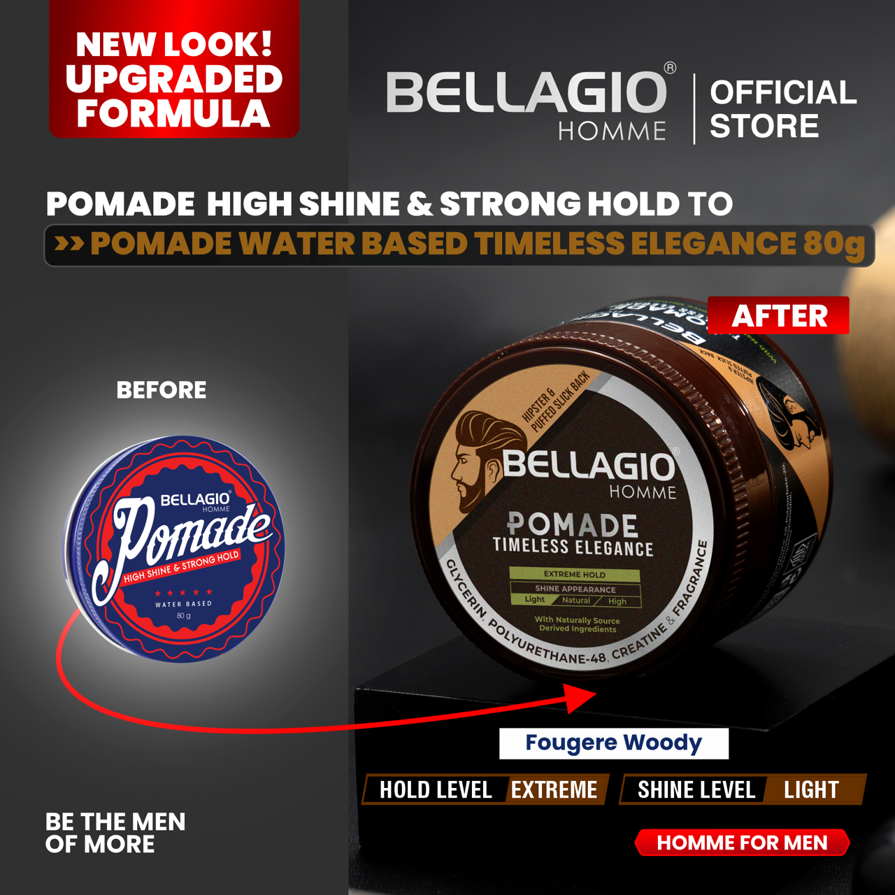 Bellagio Homme High Shine & Strong Hold Pomade Timeless Elegance 80g