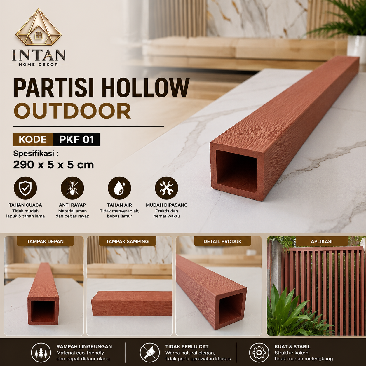 Partisi Hollow Outdoor Intan Home Dekor PKF 01 290x5x5cm Coklat Kayu Anti Rayap Kuat Stabil