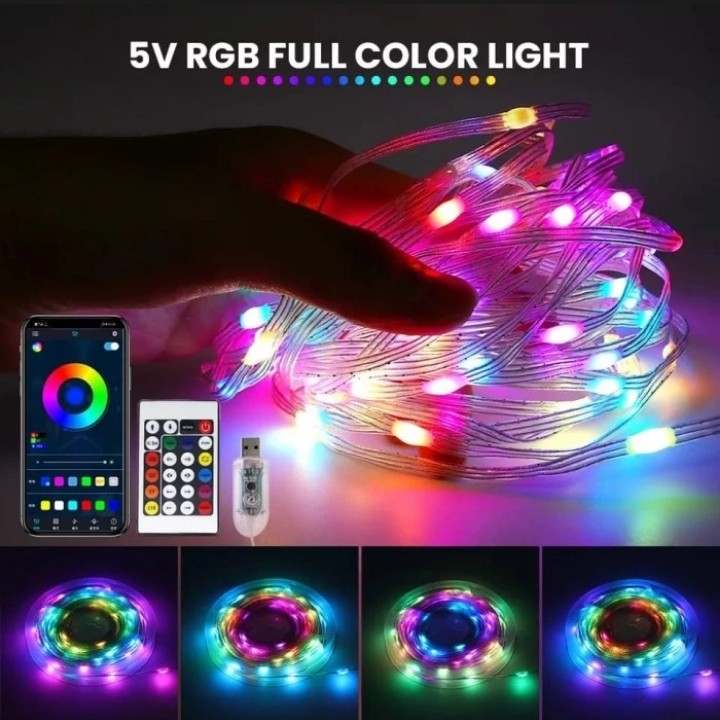 Lampu led string running rgb 10m 5v remote dan bluetooth controller