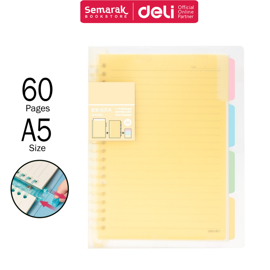 Deli QHA560 Loose Leaf Notebook Binder Warna Pastel Dengan Pembatas A5 - Pink / Green / Blue / Yellow [1 Buku 60 Lembar]