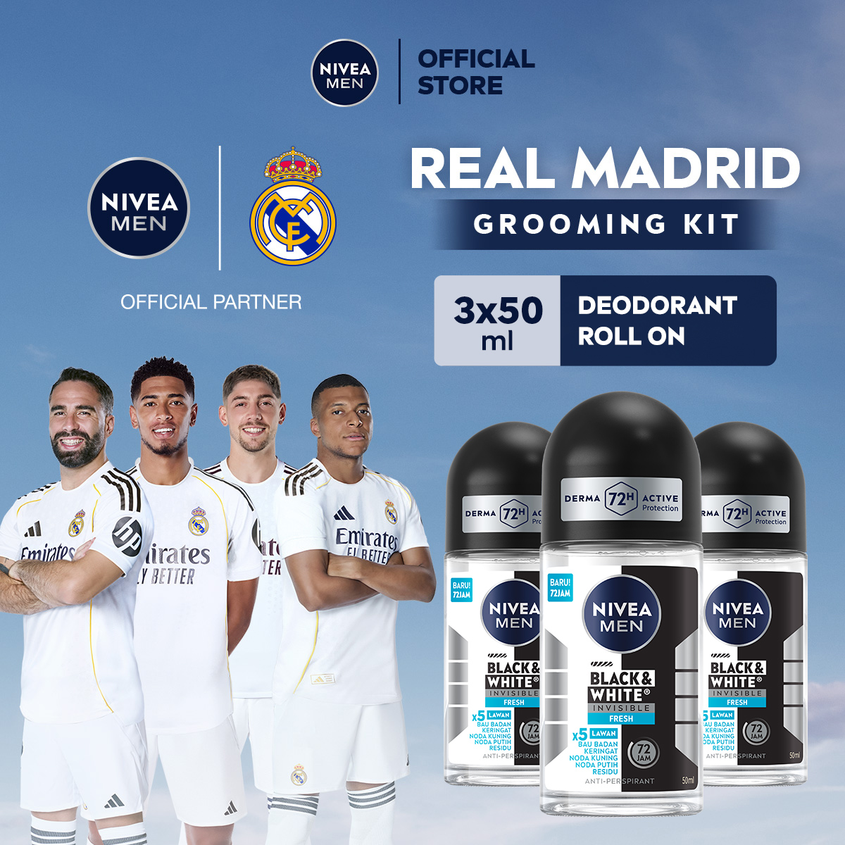 (PAKET HEMAT ISI 3) NIVEA MEN Deodorant Roll On Black & White Invisible Fresh 50ml - Deodoran pri...