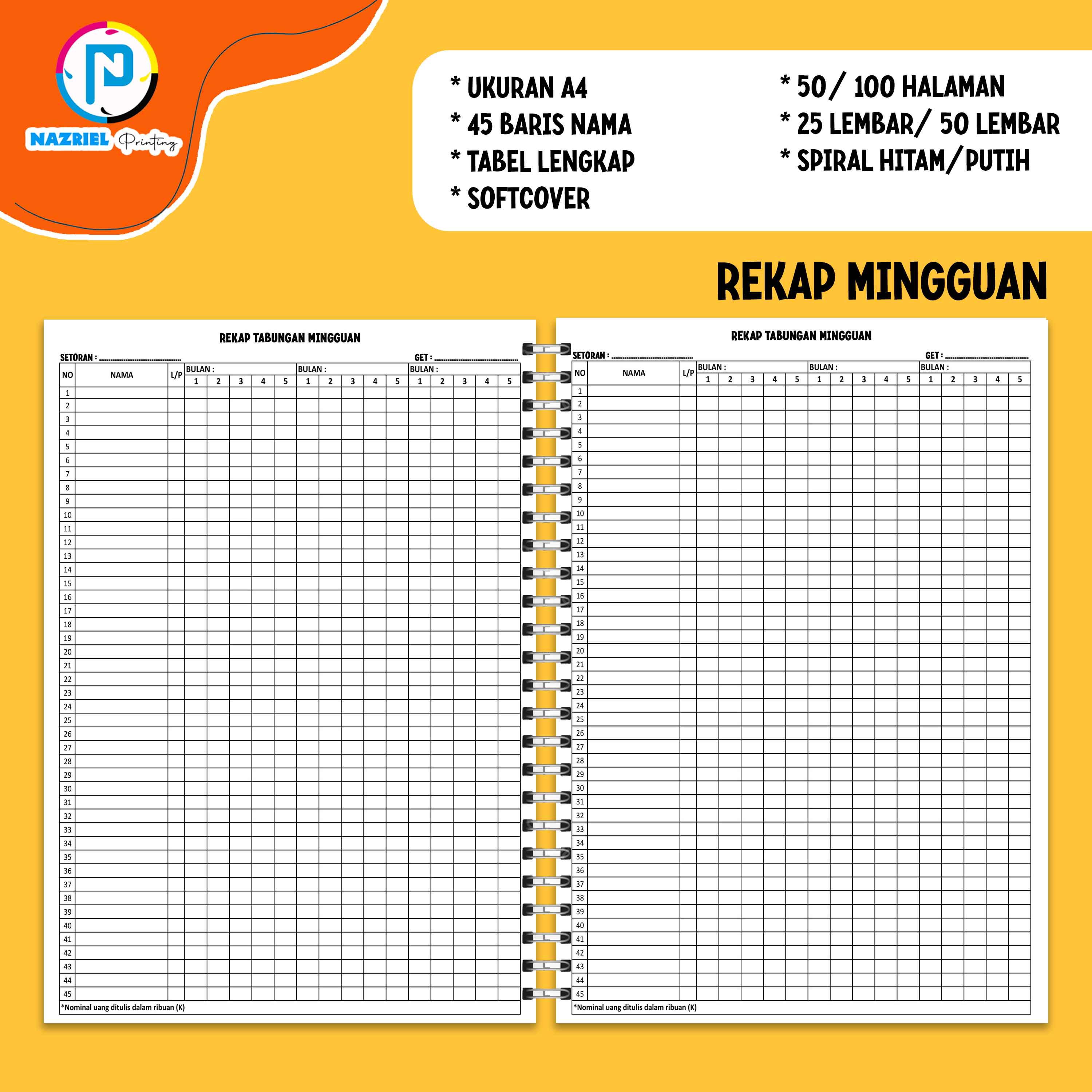 (NON CUSTOM) BUKU REKAP TABUNGAN SEKOLAH HARIAN A4/B5/A5 JILID SPIRAL