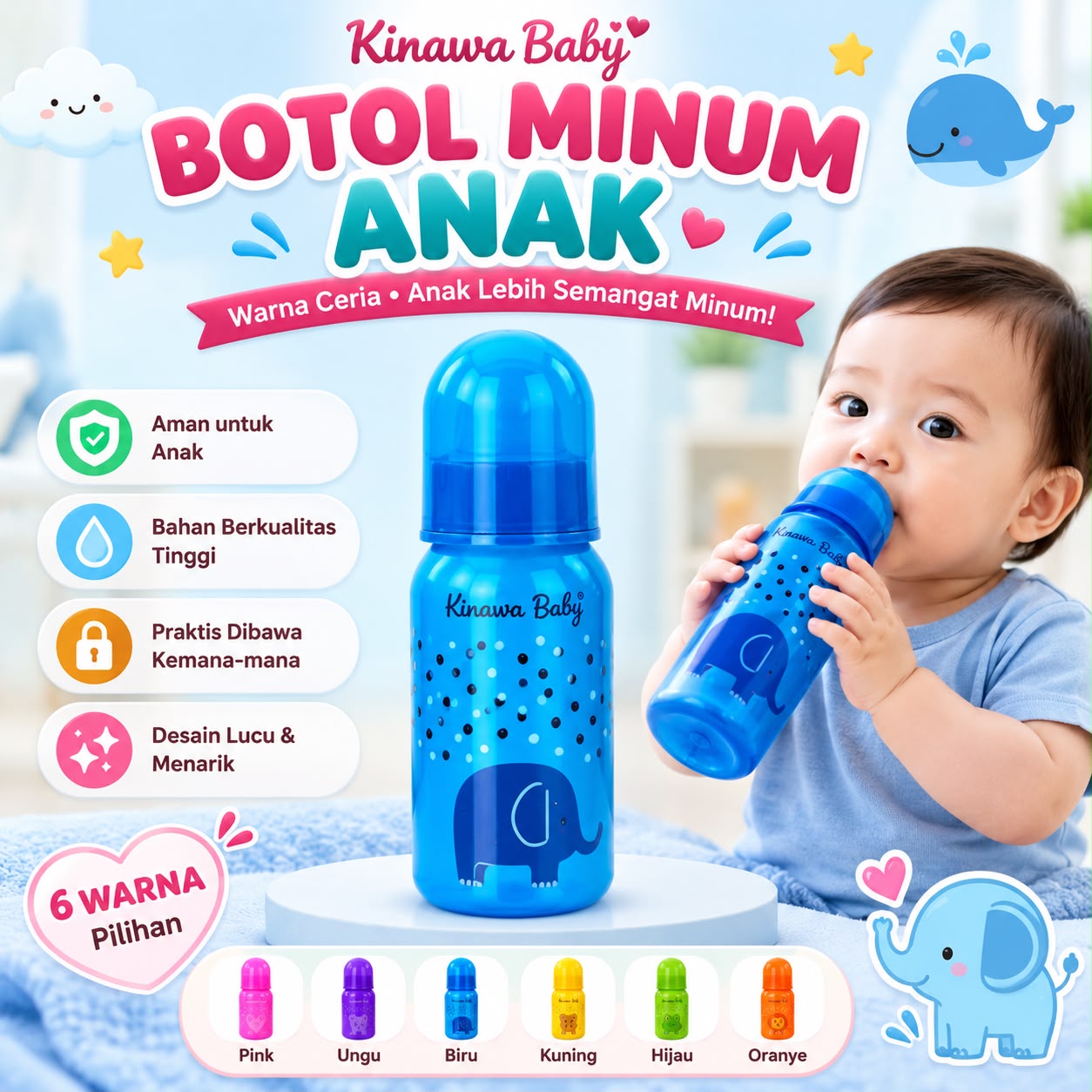 Botol susu 250ml atau 125ml berwarna kinawa baby dengan dot bulat sudah bpa free