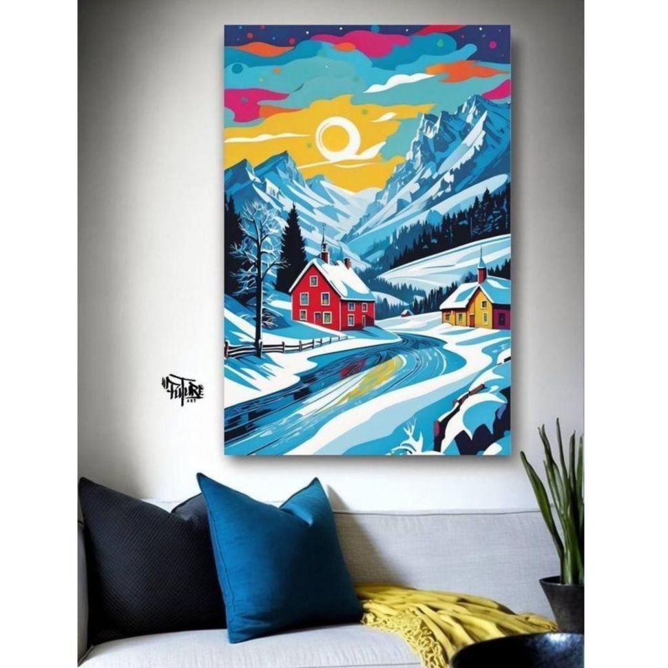 Lukisan Full Kanvas Pemandangan A Snowy Mountain Retreat - Future Art Painting